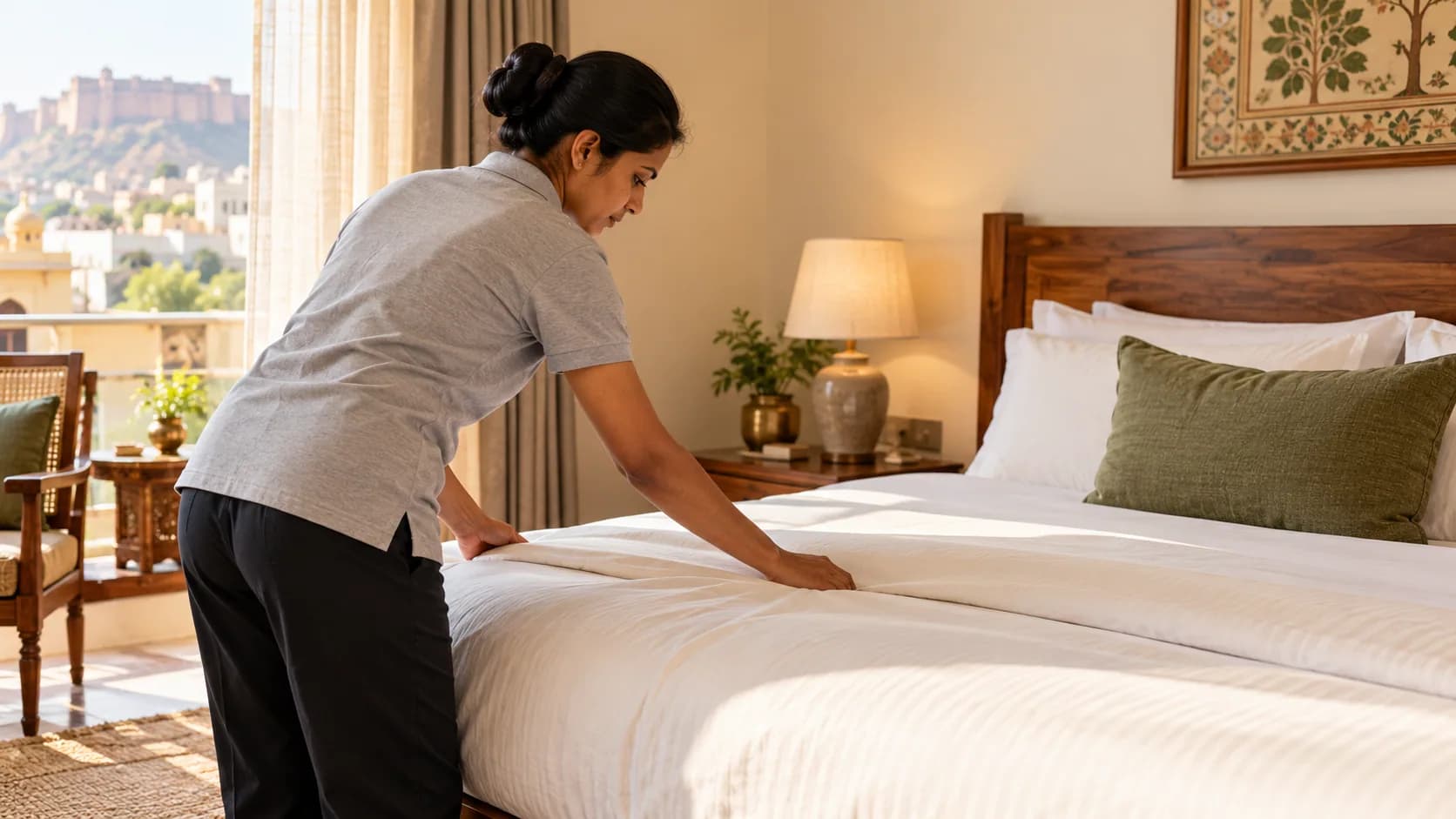 Housekeeping professional preparing a guest room